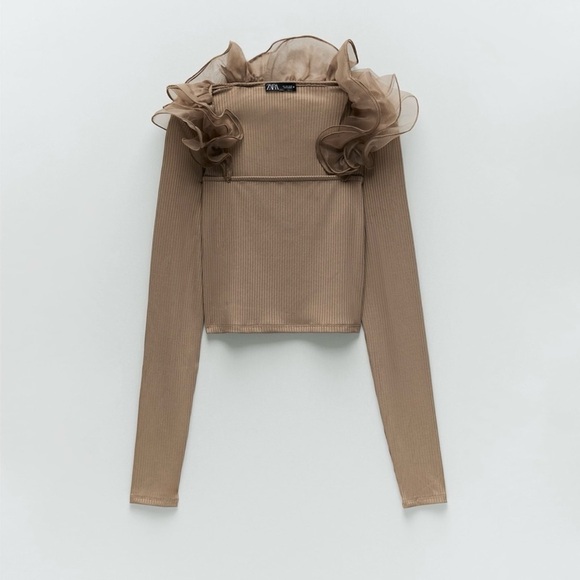 NWT Zara Brown Taupe Organza Long Sleeve Shirt Bloggers’ Favorite - Picture 2 of 11
